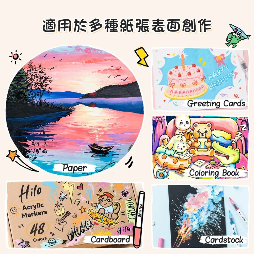 Ohuhu Hilo 72色 軟筆頭壓克力麥克筆 疊色不暈染 顯色飽和 防水 耐光 石頭 3D列印 公司貨:圖片 4